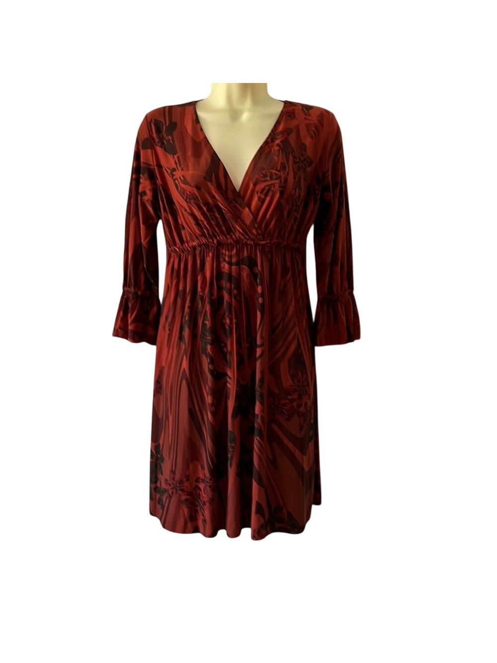 Fave Rust Sublimation Print Slinky Knit Dress Size Medium Mini 3/4 Sleeves Y2K